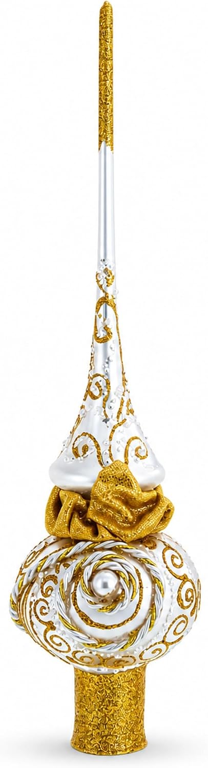 Golden Twisted Rope and Bow on White Glass Christmas Tree Topper 11 Inches
