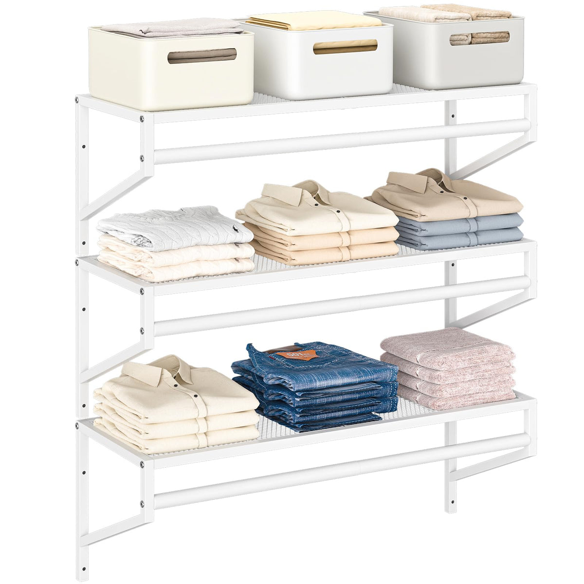 3 Pack Closet Shelves Wall Mounted, 2.7 ft x 11.8in Wire Closet Shelf with Hanging Rod, White Metal Clothes