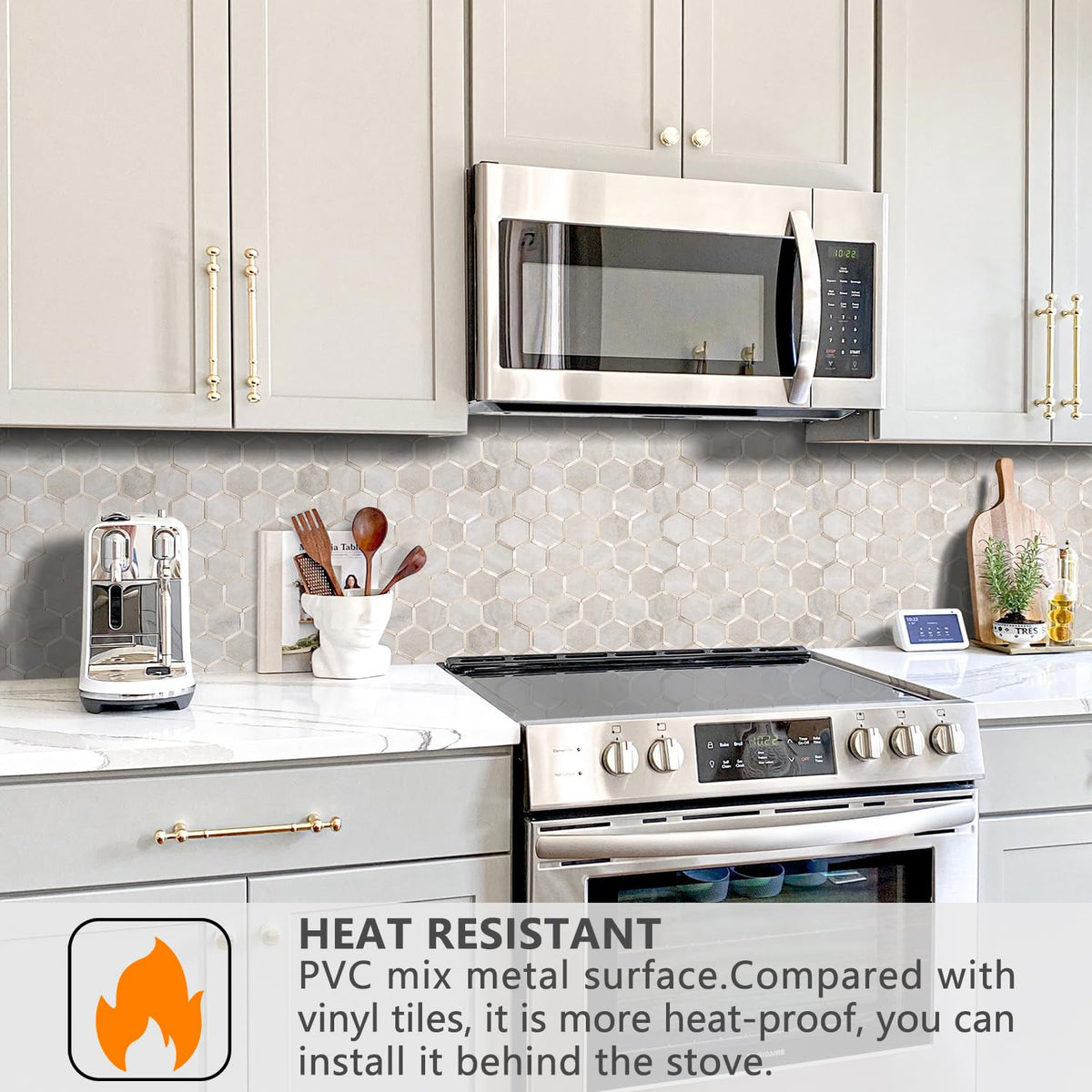 Hexagon Peel and Stick Backsplash Tile, Stick on Backsplash , Beige Marble Look PVC Mixed Metal Gold Self Adhesive