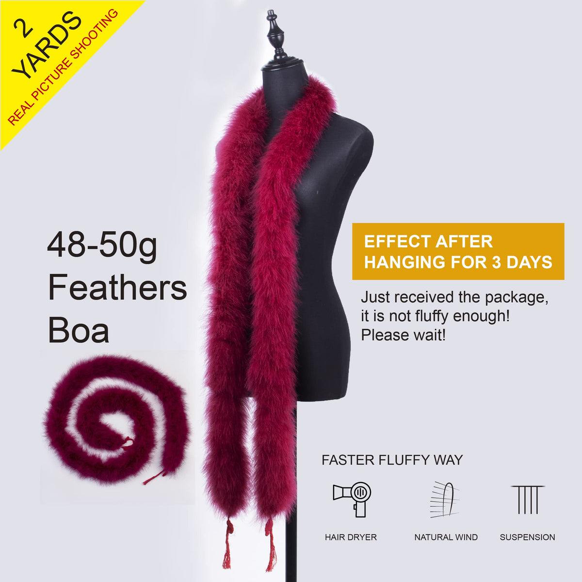50g Burgundy Fluffy Marabou Feather Boas for DIY Craft Sewing Trim Home Wedding Party Christmas Decoration - 2 Yards