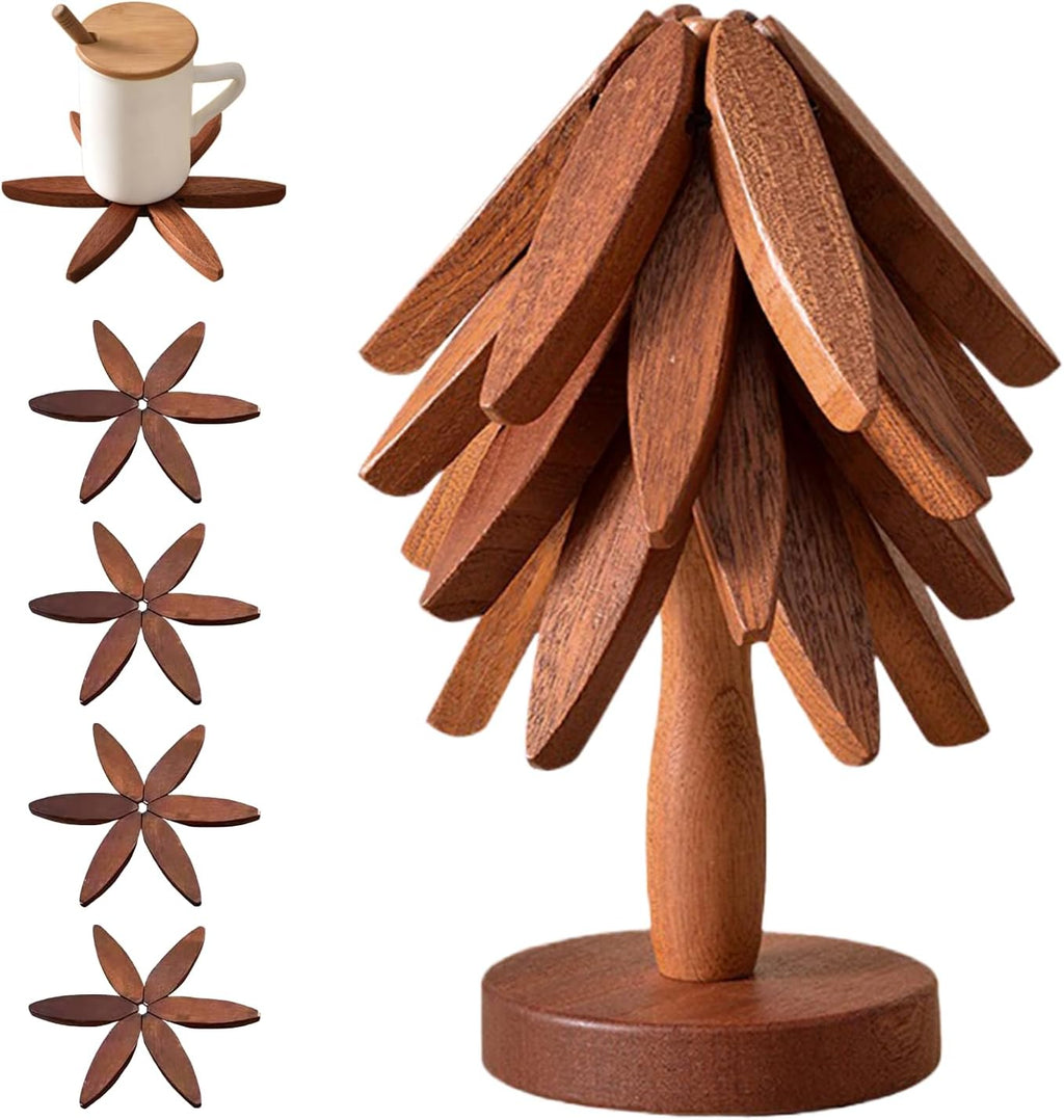 Wooden Trivets for Hot Dishes, Tree Shape Trivet Set, 4 Walnut Wood + 1 Stand stored Like a Christmas Tree,Foldable