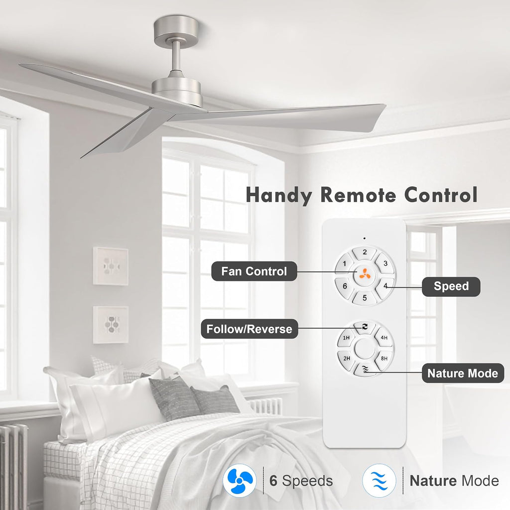 52" Brushed Nickel Ceiling Fan with Remote, No Light
