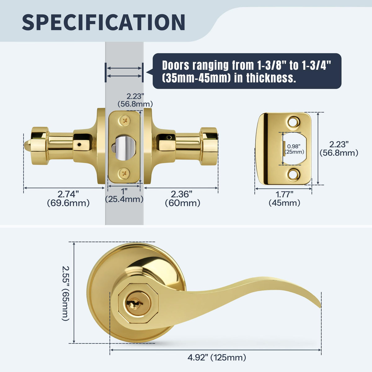 Gold Wave Style Door Handles with Lock and Key (Keyed Differently), Polished Gold Keyed Entry Door Handle, Reversible