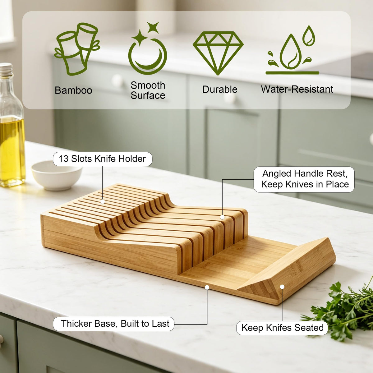 Bamboo Kitchen Drawer Knife Block, In drawer Knife Holder, Knife Drawer Organizer fit for 13 knives