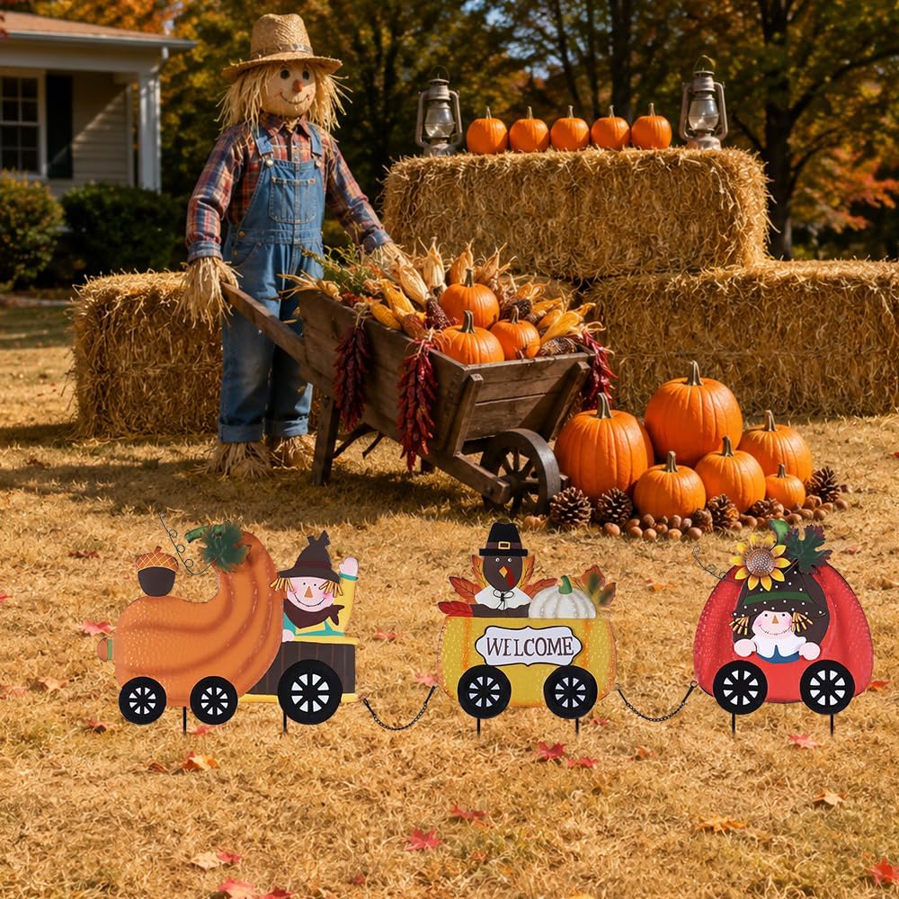 Thanksgiving Outdoor Decor, Set of 3 Metal Pumpkin Train Decorative Garden Stakes with Scarecrow Turkey, Fall Welcome