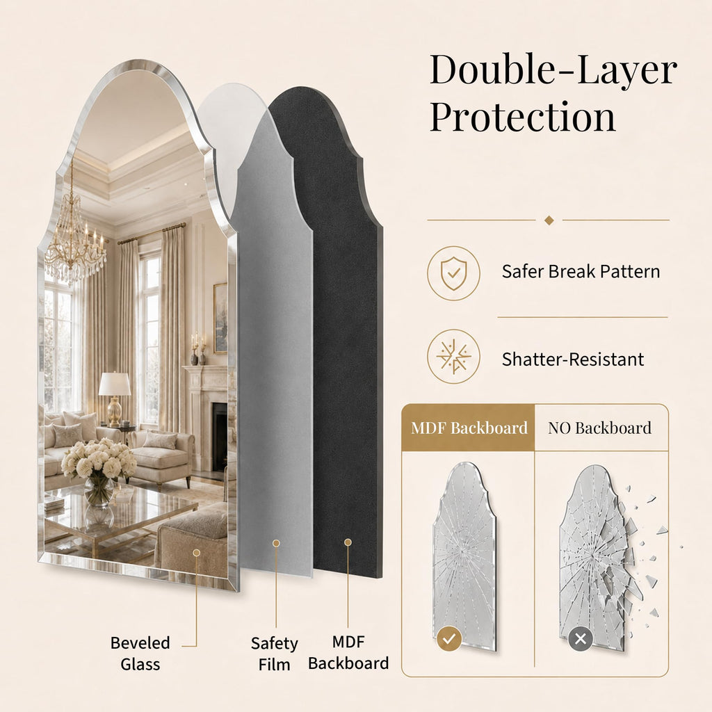 20x36 Inch Scalloped Arch Frameless Beveled Wall Mirror for Vanity