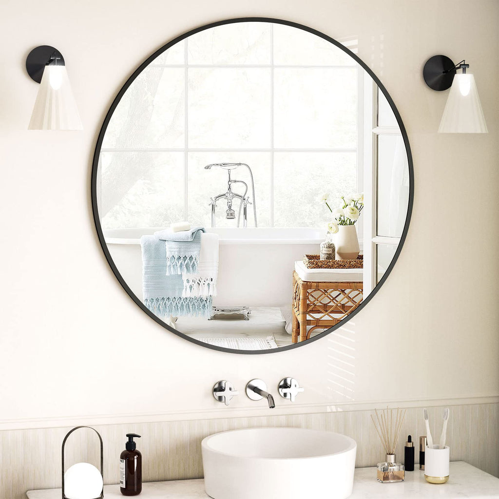 Black Round Bathroom Mirror 23.6", Thin Metal Frame Wall Mirror