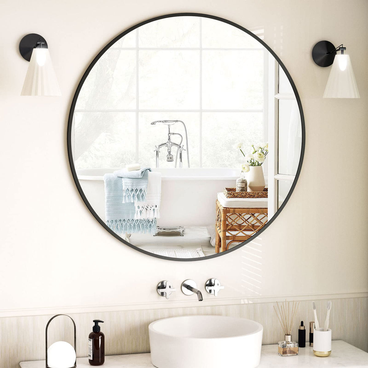 Black Round Bathroom Mirror 23.6", Thin Metal Frame Wall Mirror