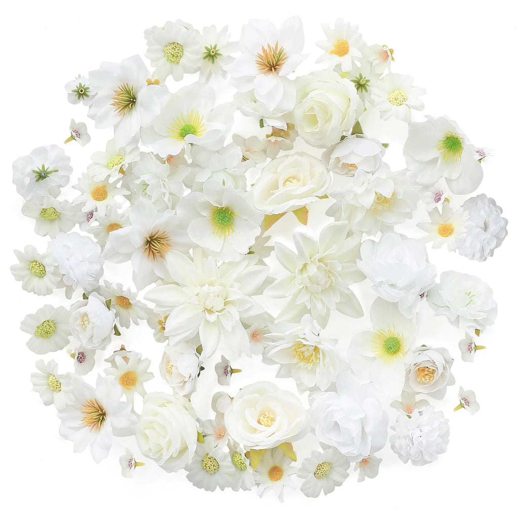 Mini Artificial Flower Heads Ivory & White Fake Peony Daisy Rose Multicolor Small Faux Silk Flower Heads for Cake
