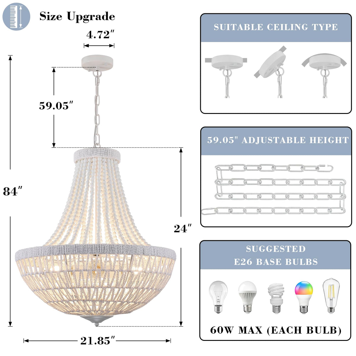 22" Boho Wood Beaded Chandelier Farmhouse Rattan Pendant Light Fixtures Bohemia Large Rattan Chandeliers Living Room