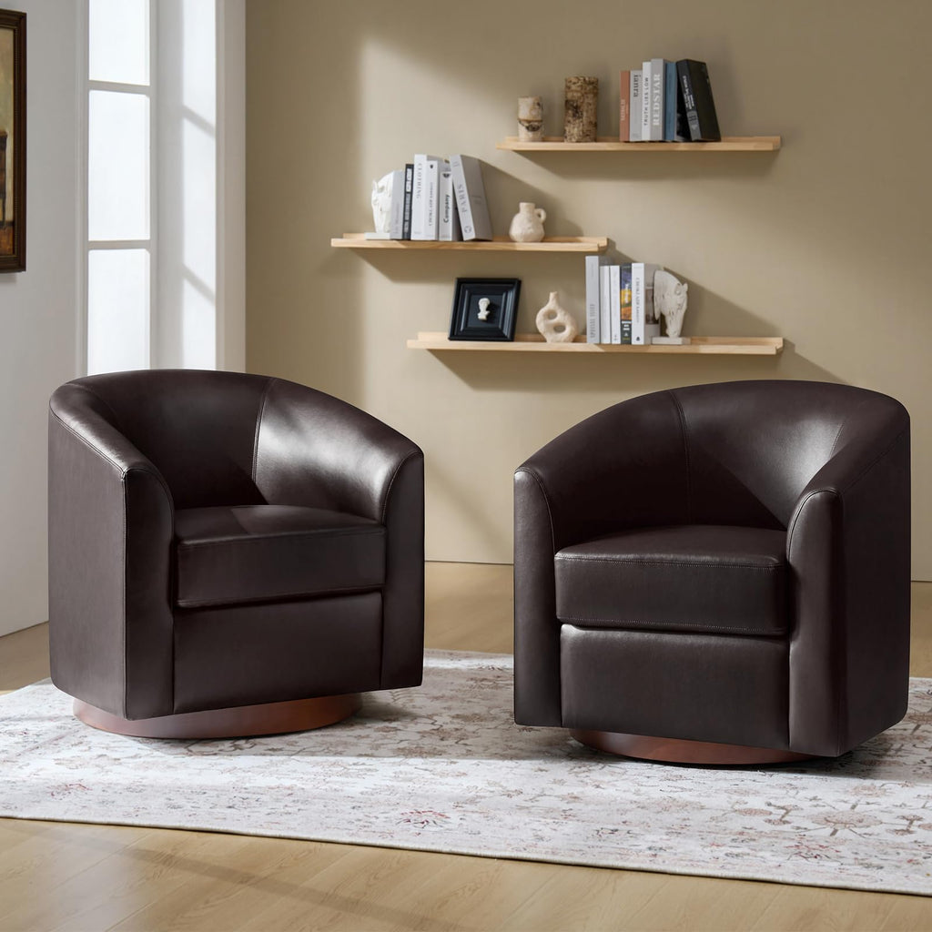 Faux Leather Swivel Accent Chairs Set of 2 with Solid Wood Base, Round Swivel Barrel Chairs, No Assembly Required
