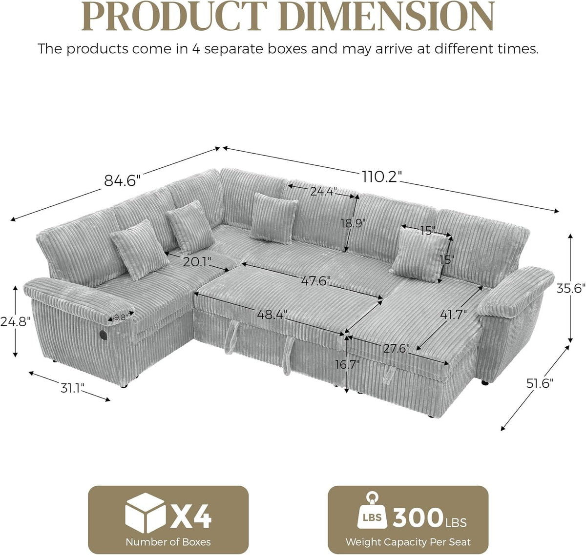 110" Sectional Sleeper Sofa with Pull Out Bed, Storage Chaise & USB Charging, U Shaped Plush Corduroy Comfy Sectional