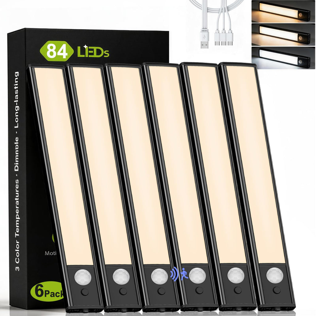 Rechargeable Motion Sensor Light 6 Pack, 3 Color Temps Under Cabinet Lights