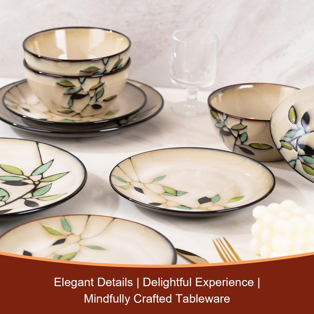 Bamboo Leaf Ceramic Dinner Plates Set of 12, Porcelain Dinnerware for Steak/Salad/Pasta/Dessert, Perfect , Party
