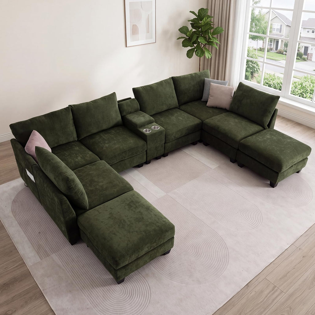 136" U Shaped 8 Seater Modular Sectional Sofa with Cup Holders