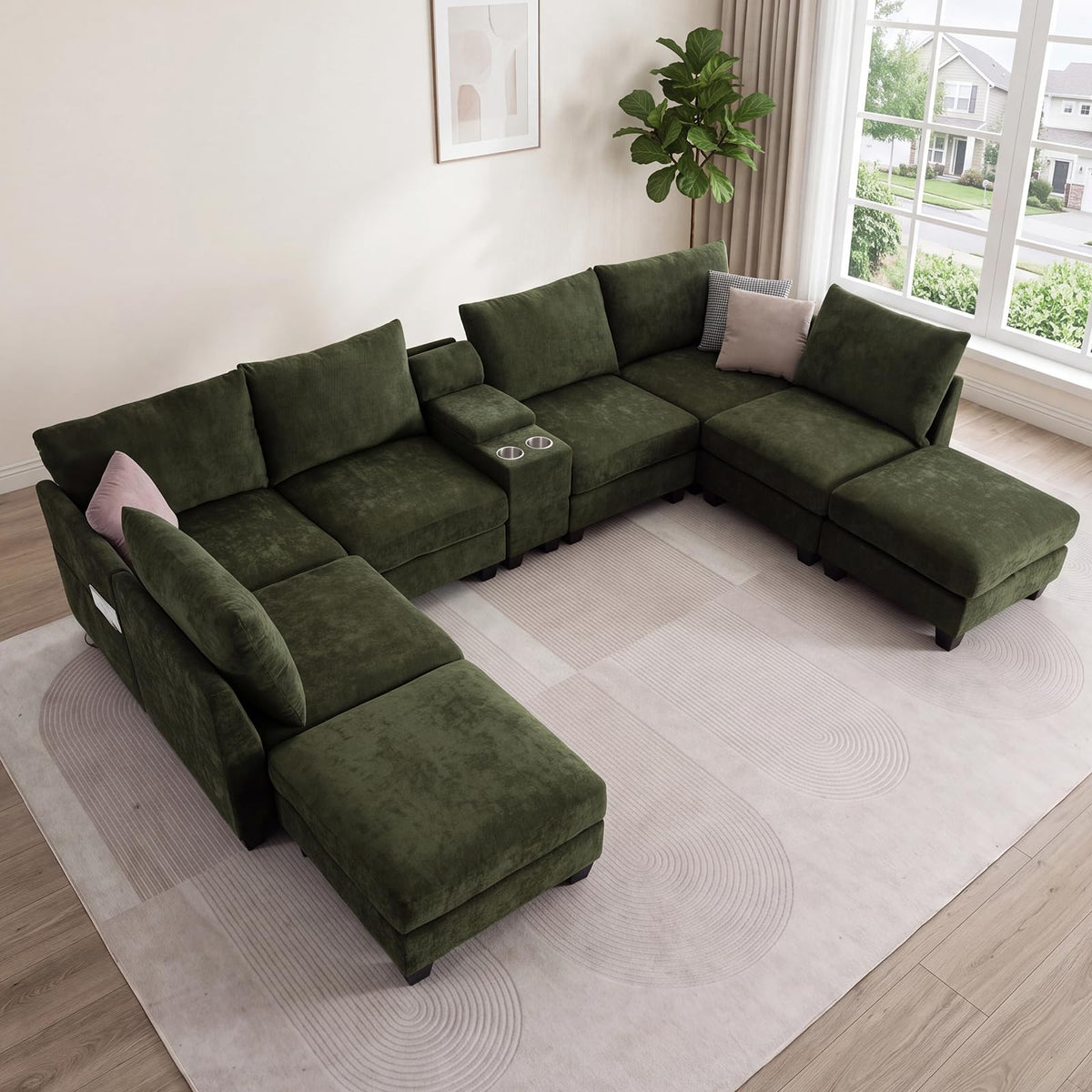 136" U Shaped 8 Seater Modular Sectional Sofa with Cup Holders