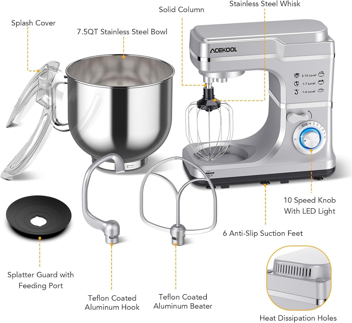 7.5QT Stand Mixer, 10-Speed Tilt-Head Electric Food Mixer with Stainless Steel Bowl, 660W Motor, Dough Hook, Whisk &