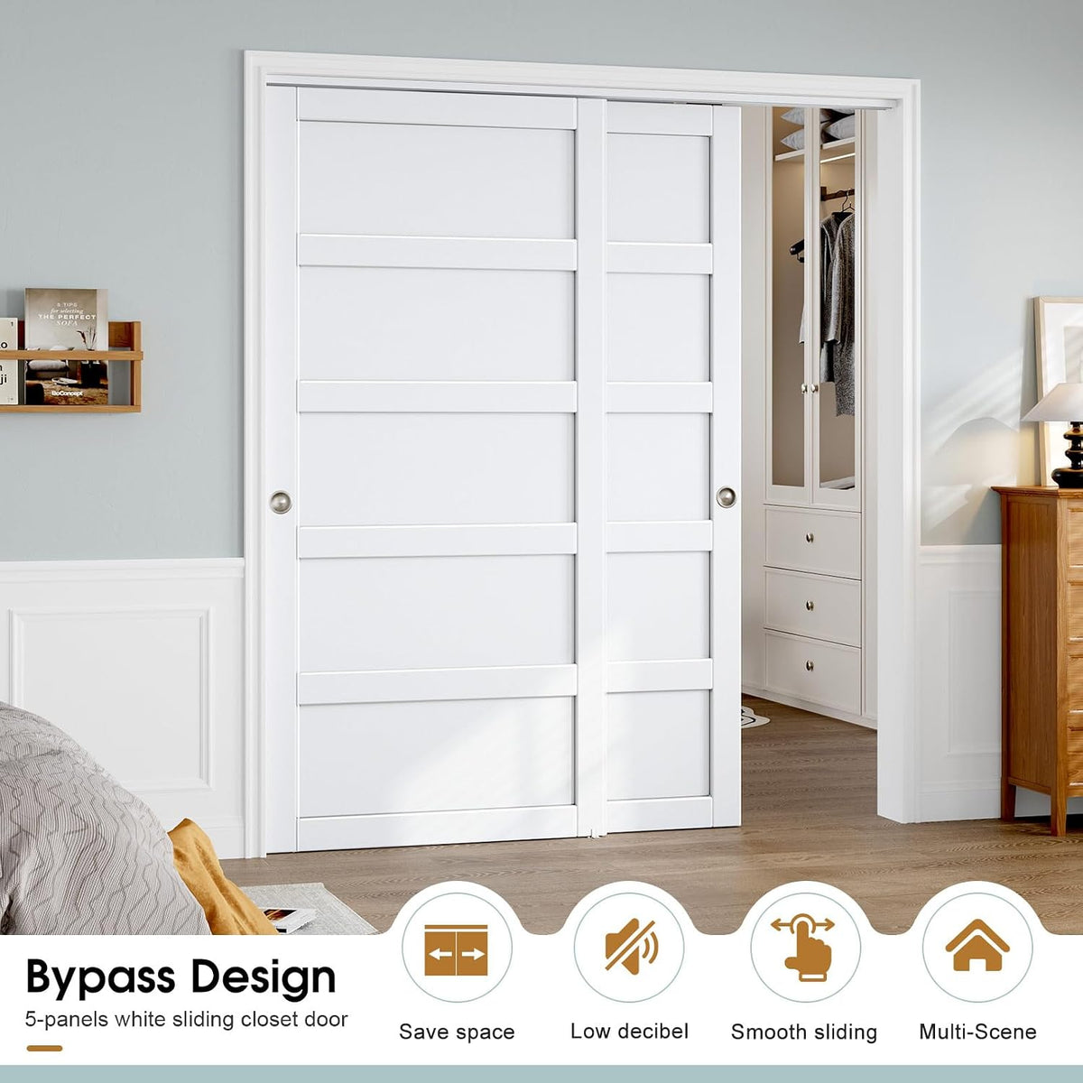 Sliding Closet Door 72"×80" (Double 37"), 5 Panels Bypass Barn Doors with Hardware Track Kit Included for Bedrooms