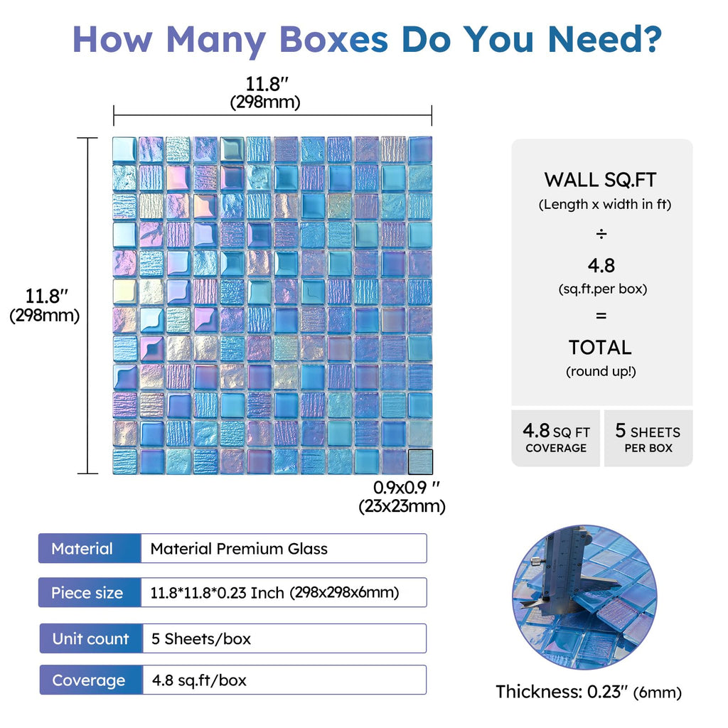 Pool Glass Mosaic Tiles, Iridescent Blue, 1 Inch Sqaure, 5 Sheets