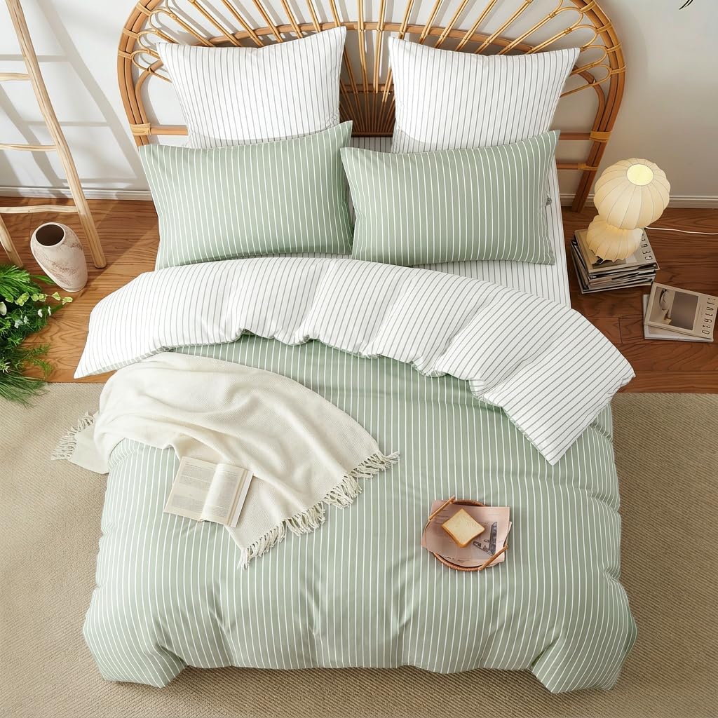 Striped Comforter Set Reversible Green White Stripe Bedding