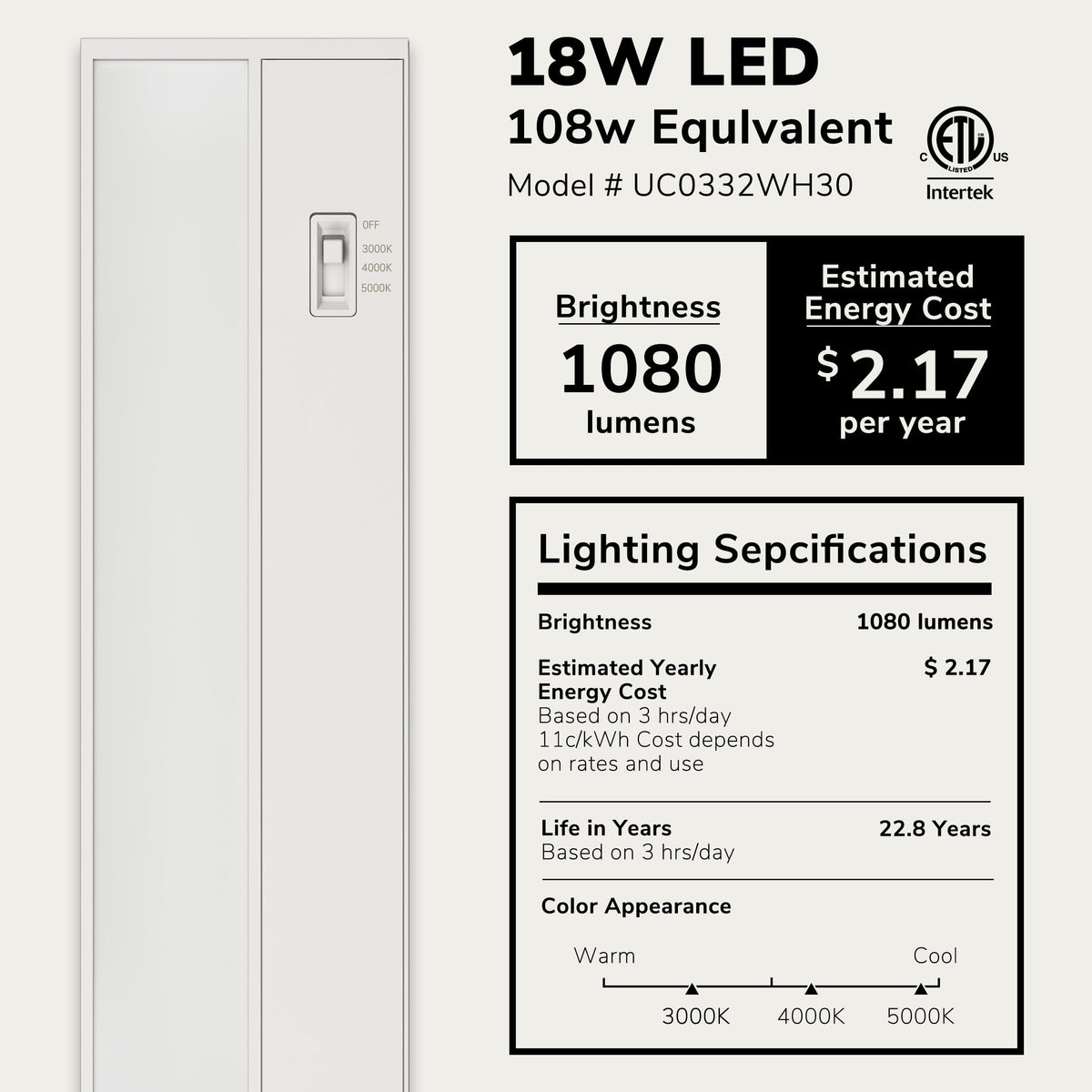 Luna 32-Inch Hardwired Only LED Under Cabinet Light, 3-CCT Selectable
