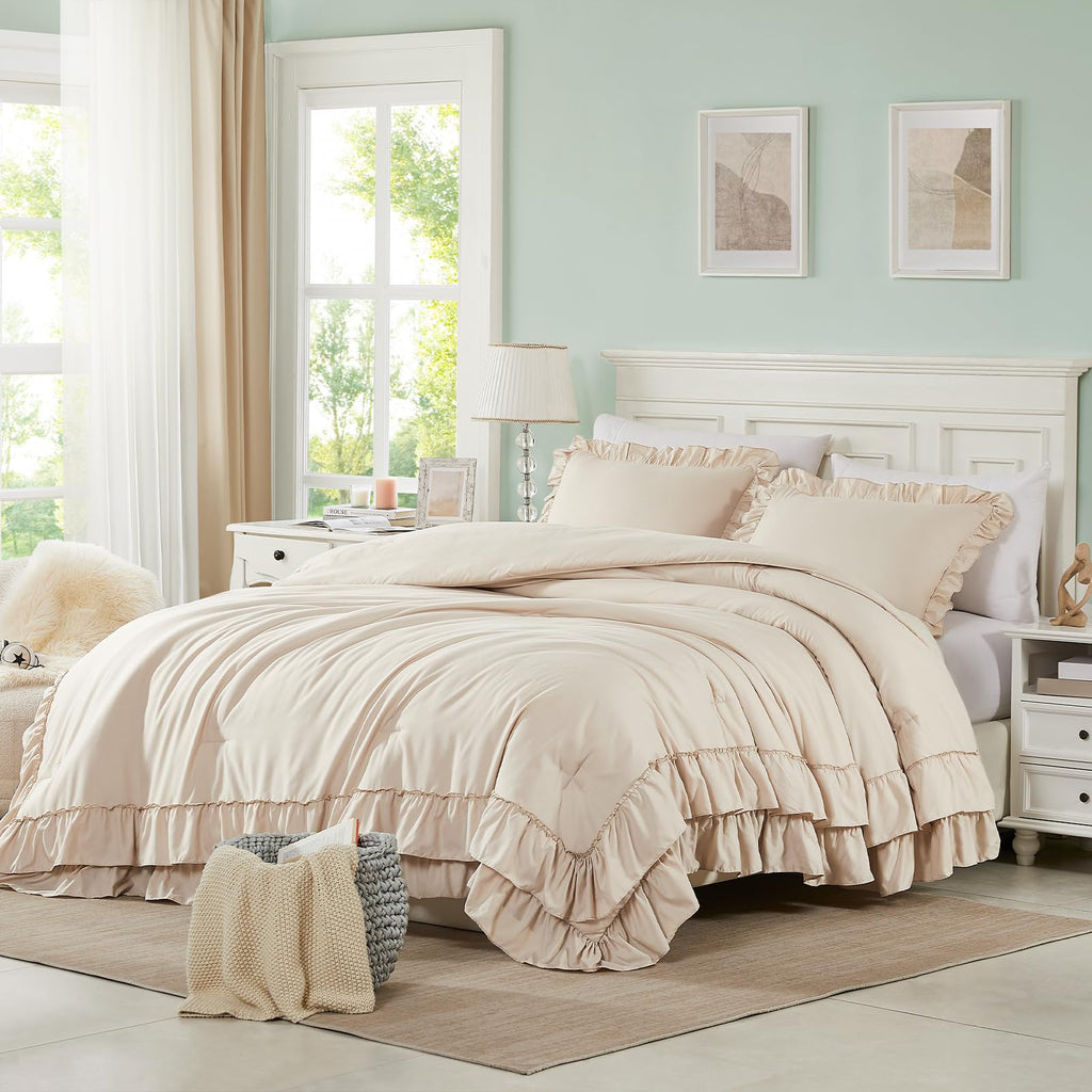 Beige Comforter Set, 3Pcs Comforters Ruffle Farmhouse Bedding Sets with Comforter, Lightweight Soft