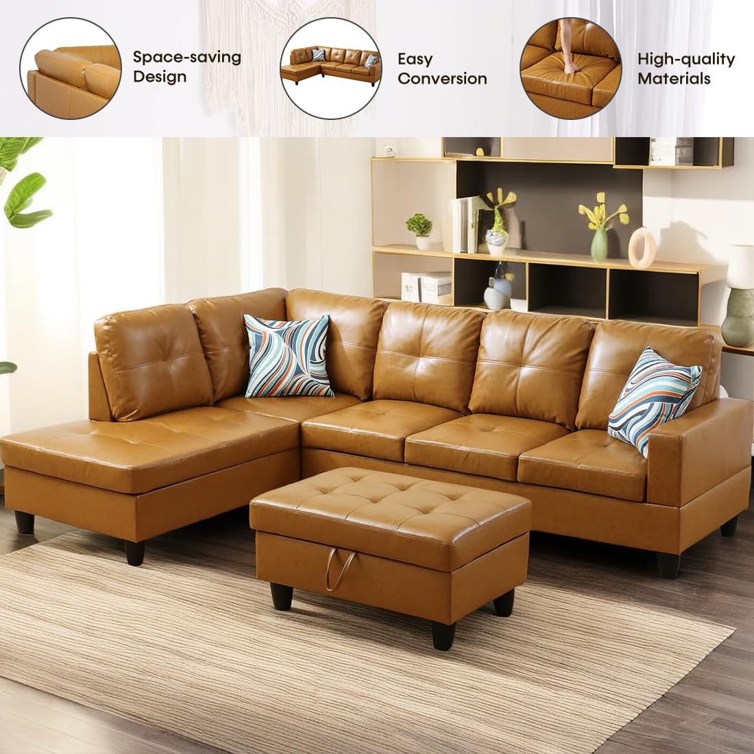 L Shaped Couch, Faux Leather Sectional Couches, Modern Living Room Furniture Sets Sofa in 3PCS /Office (B-Ginger
