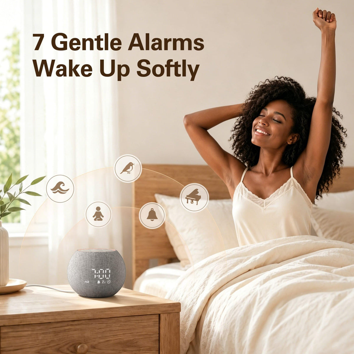 Alarm Clocks with Sound Machine, White Noise Machine 25 for Light Sleepers, 7 Gentle Alarms for Wake Up, 0-100%