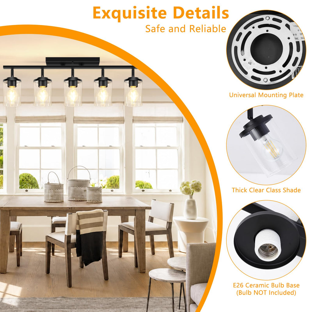 5-Lights Black Semi Flush Mount Ceiling Light Fixtures, Modern Clear Glass Shade Farmhouse Kitchen Ceiling Lamp