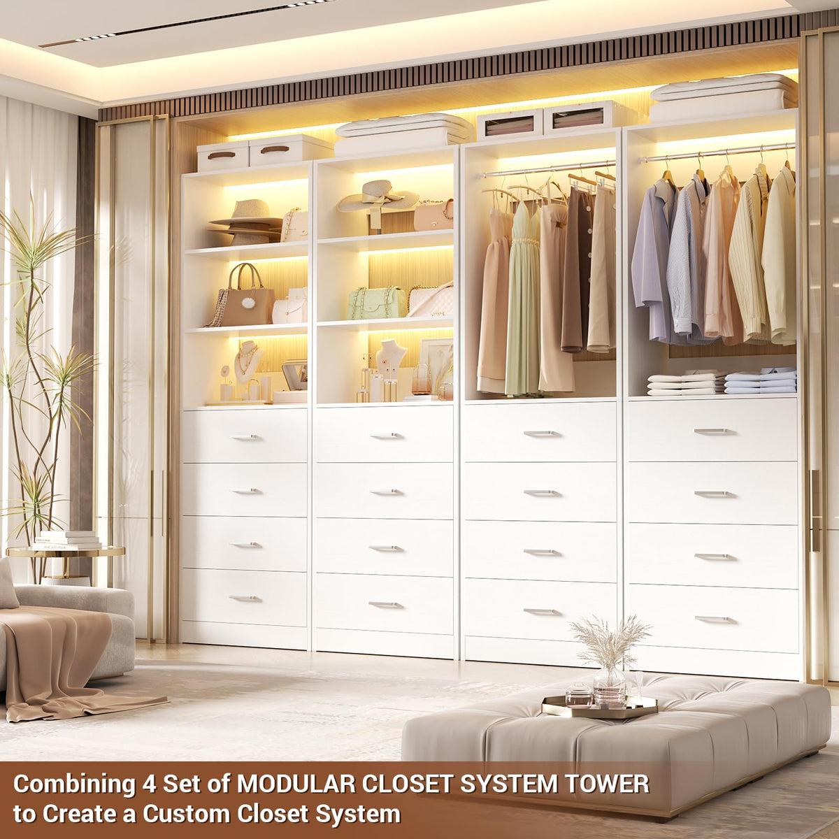 Closet Drawers Organizer System, 3.54FT Wood Closet System with 4 Drawers, Modular Walk-in Closets Storage Unit, Tall