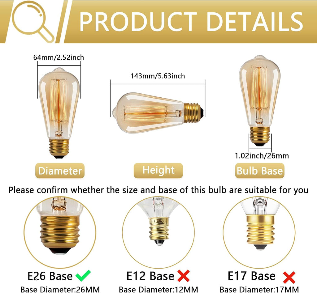 ST64 Incandescent Light Bulbs 40W E26 Dimmable Edison Bulbs 6 Pack