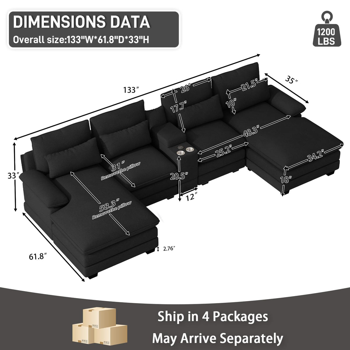 132" U Shaped Cloud Sectional Couch with USB Port, Black