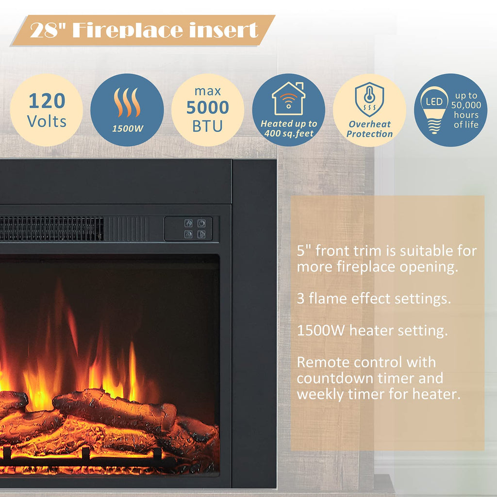 Adam Electric Fireplace Insert with Front Trim Kit, 23" W x 17" H with Front Trim Kit, 1500W Heater, Remote