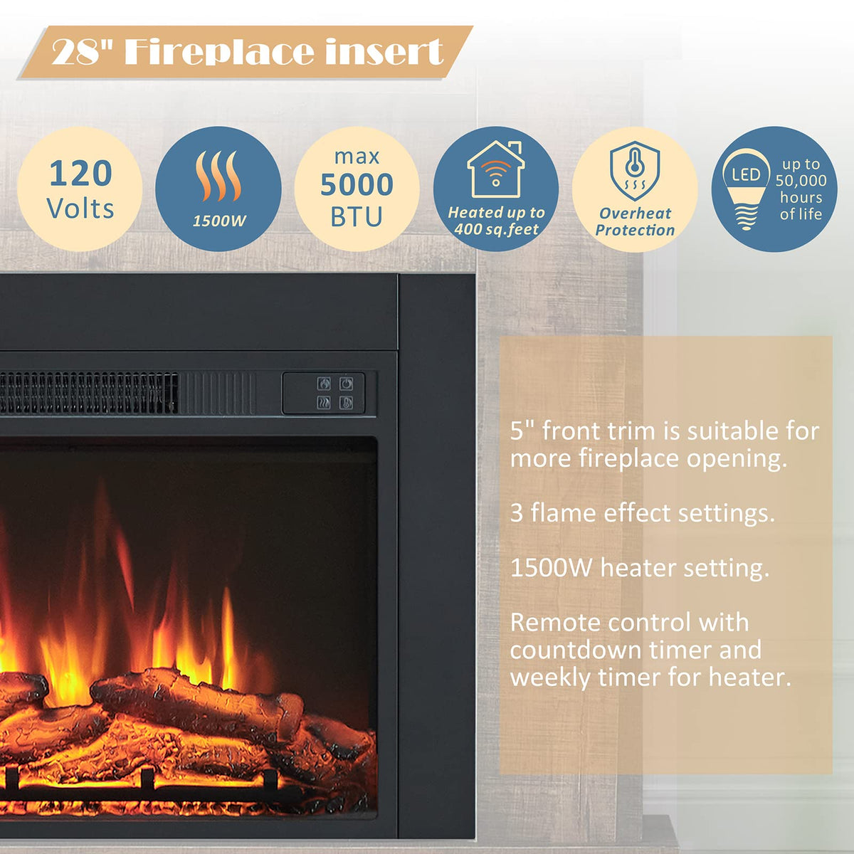 Adam Electric Fireplace Insert with Front Trim Kit, 23" W x 17" H with Front Trim Kit, 1500W Heater, Remote