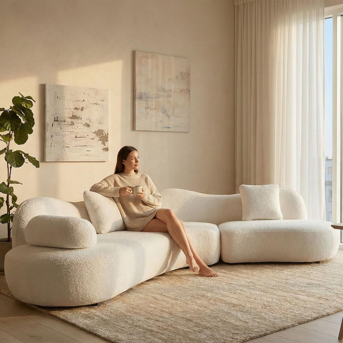 128 Inch White Oversized Curved Boucle Modular Sectional Sofa, 5-Seater