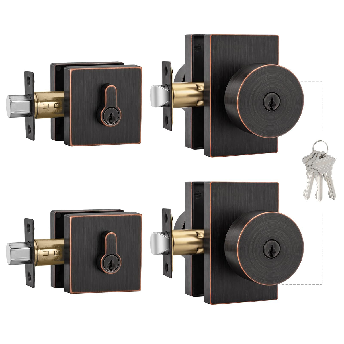 Oil Rubbed Bronze Exterior Door Lock Set, Square Contemporary Keyed-Alike Door Knob and Deadbolt Set, Heavy Duty