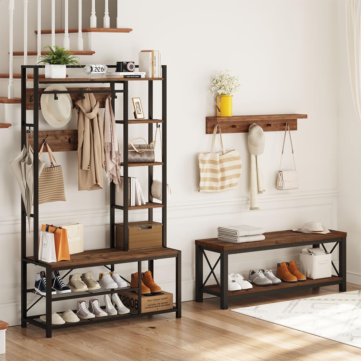 Entryway Bench with Storage, 2 Tier Rustic Shoe Bench, 47 inch