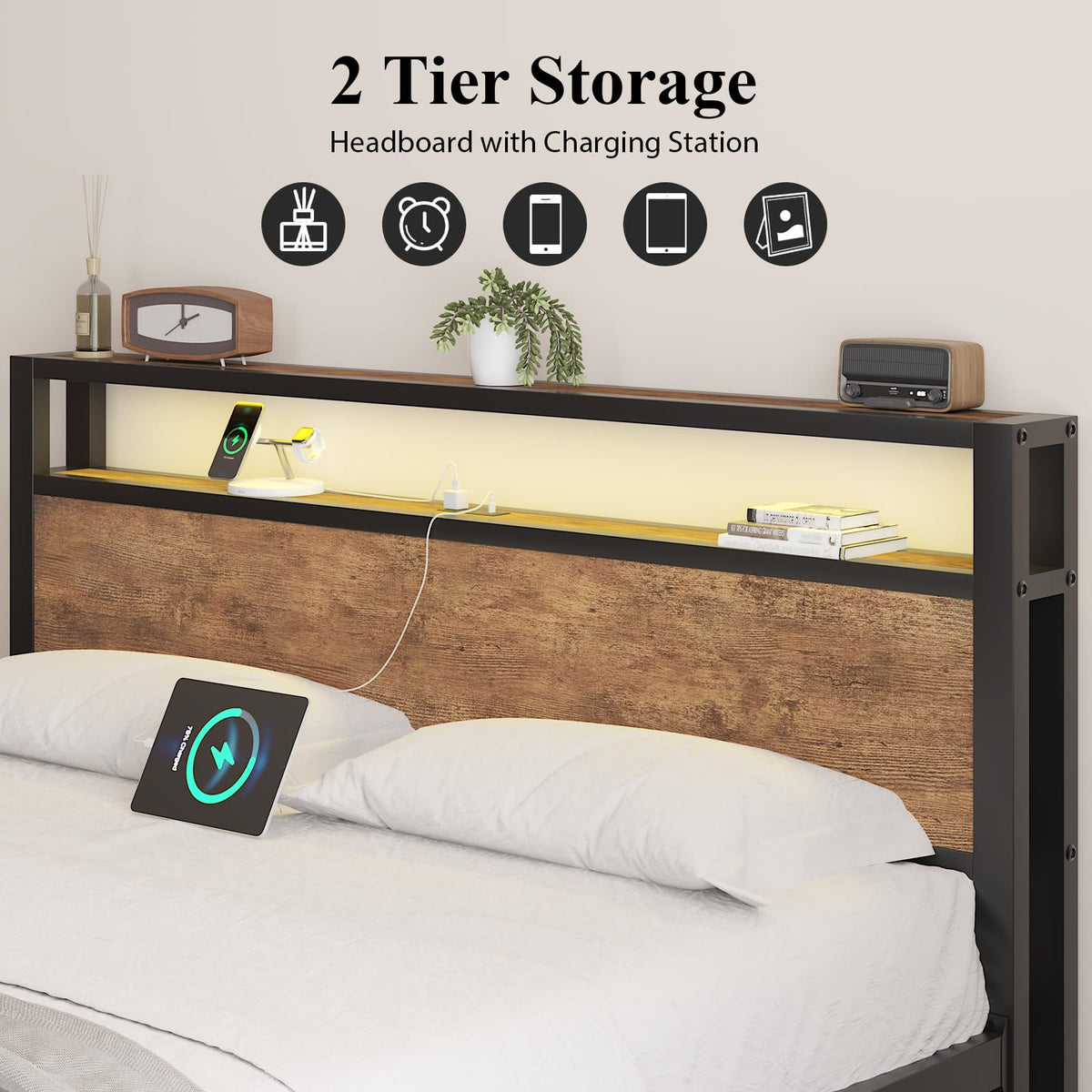 Bed Frame with Storage Headboard and LED Lights, Rustic Brown
