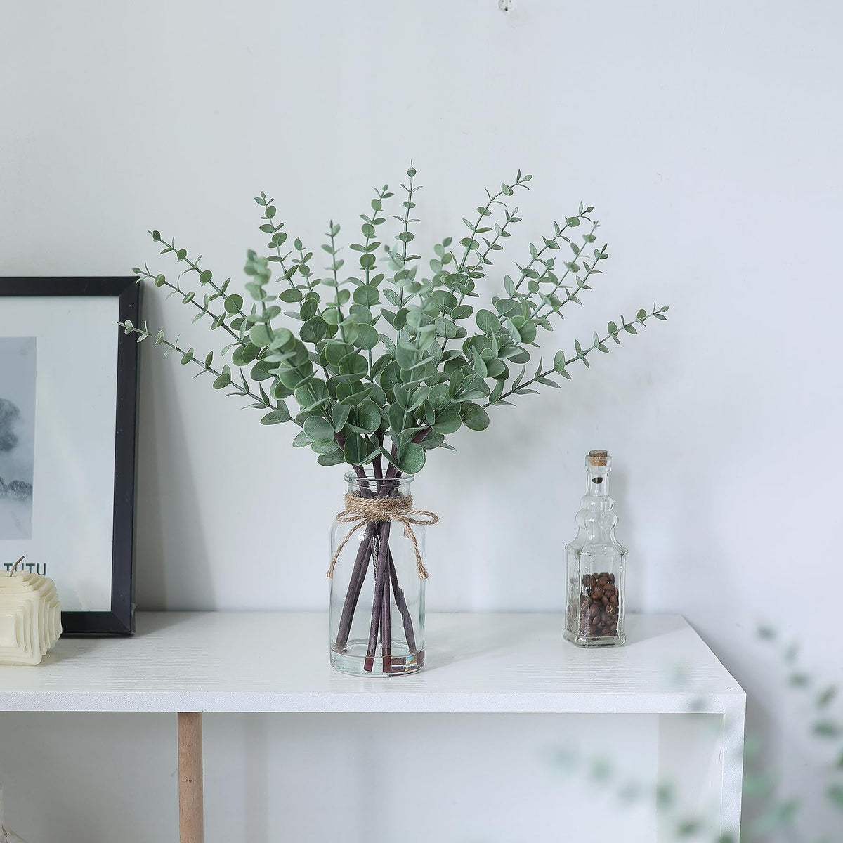 17.5" Artificial Eucalyptus Stems in Glass Vase with Faux Water(Sage Green)