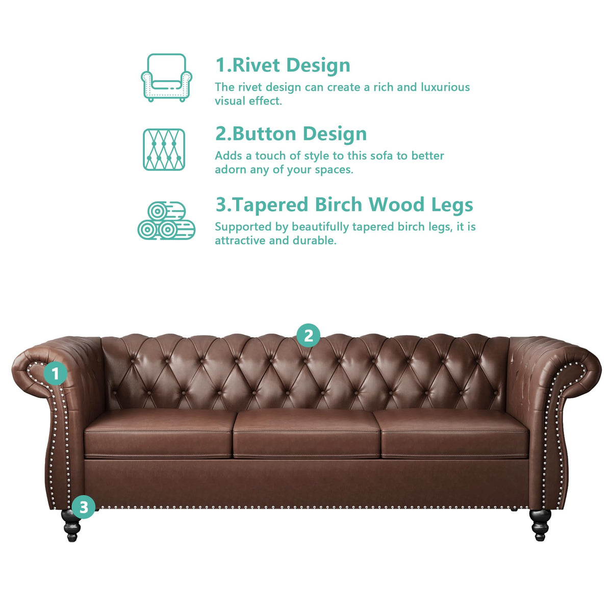 2 Piece Living Room Sofa Set, 3 Seater Faux Leather Sofa Couch and Chair Set, Mid Century Modern Upholstered Couch