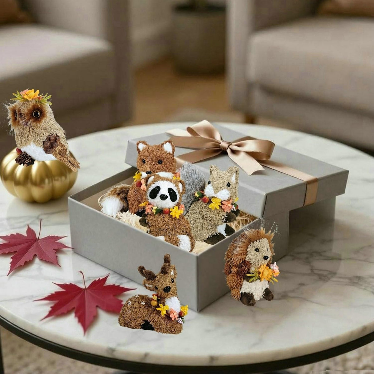 Set of 6 Sisal Woodland Animals w/Floral for Fall Home Decor