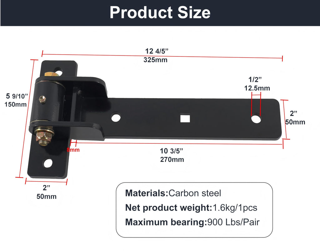 13'' Heavy Duty Strap Gate Hinges 900 LBS, 180° or 90° Smooth Open Hinge