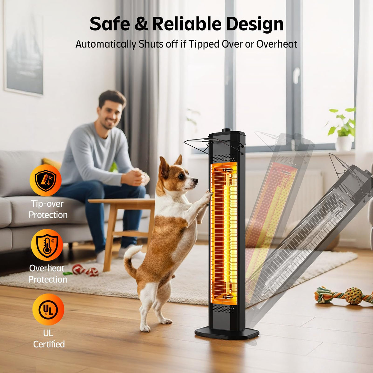 Outdoor Electric Patio Heater, 34-inch 1500W Infrared Tower Heater with Instant Heating, Tip-Over & Overheat
