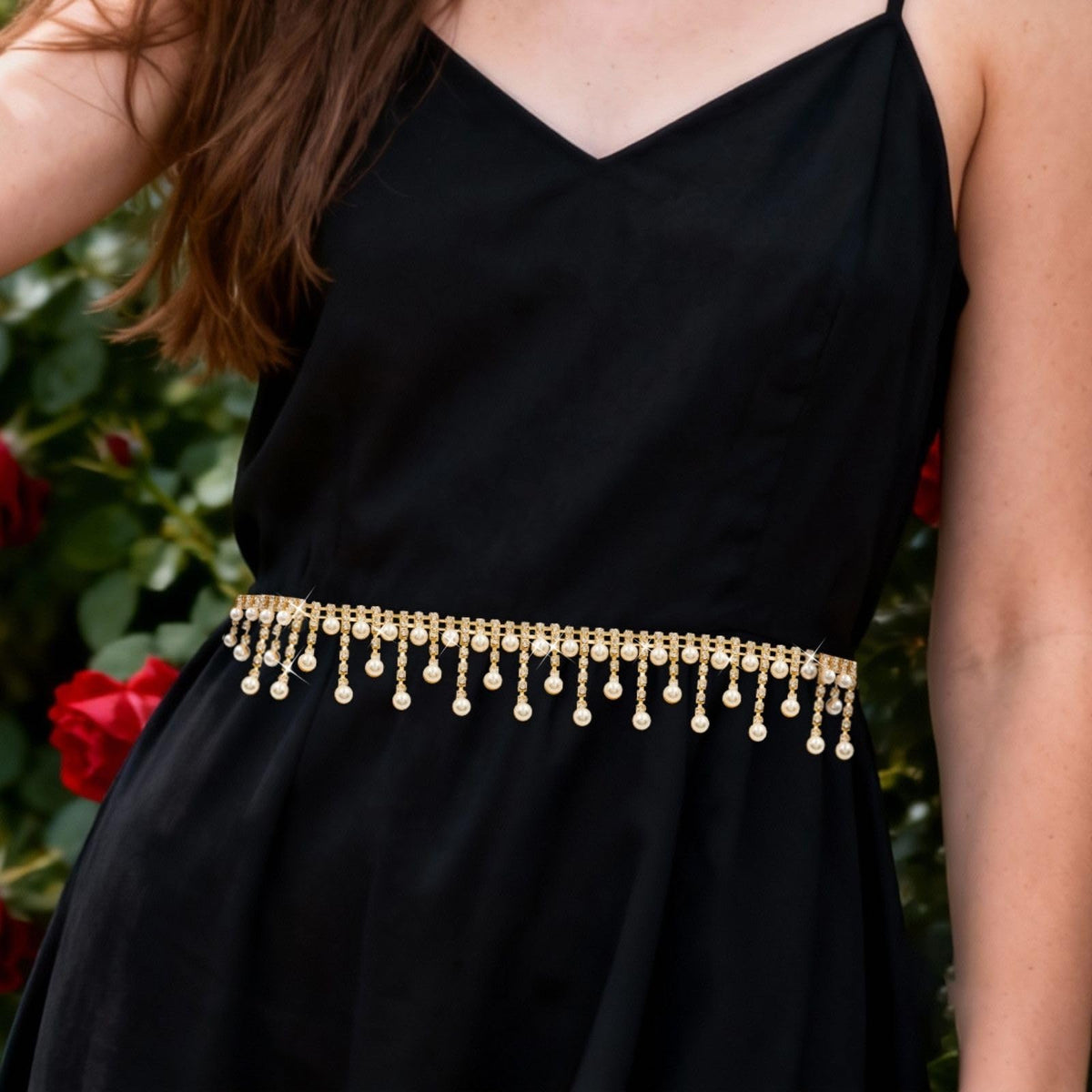 Gold Pearl Trim Rhinestone Trim Pearl Chain Tassel - 2 Yards