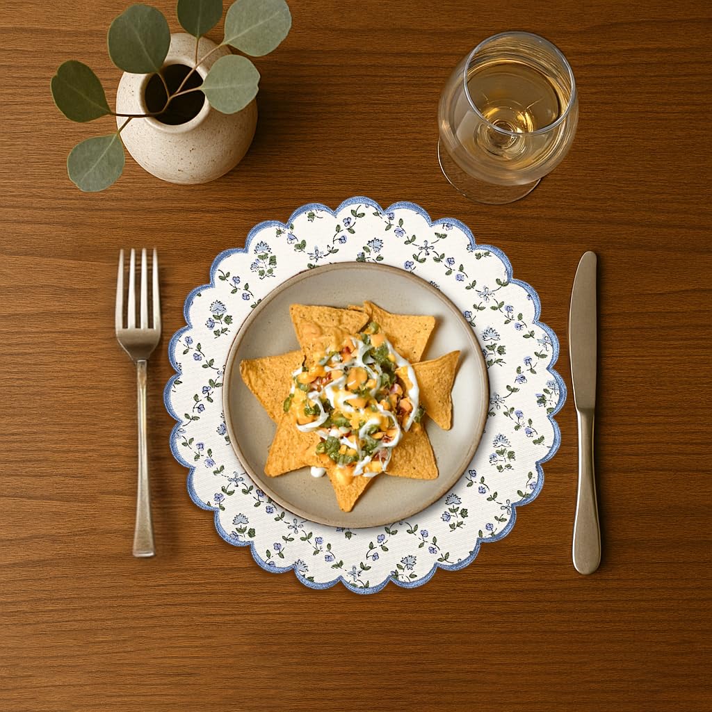Floral Block Print Round Placemats 15 Inch, Set of 4, Powder Blue