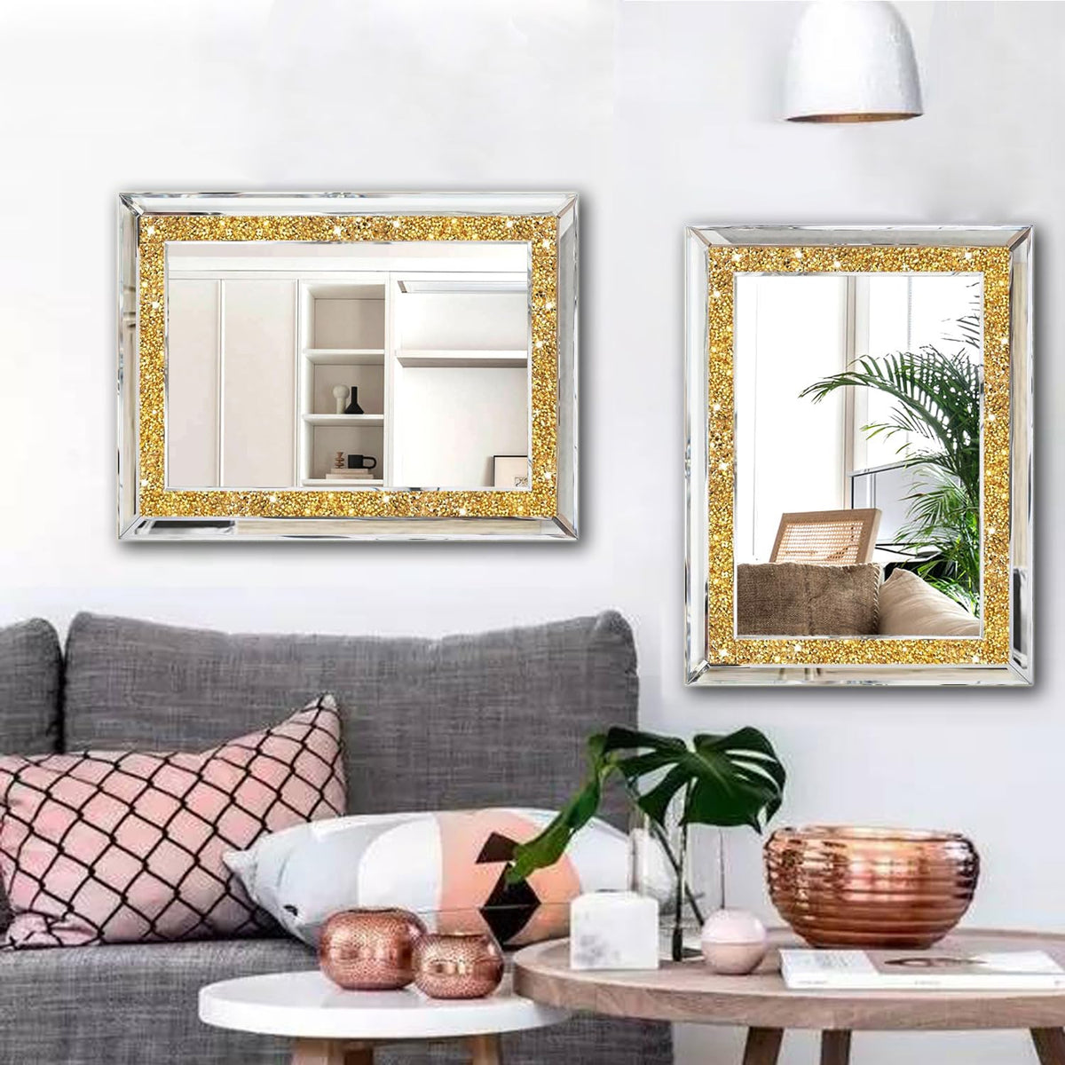 2 Piece Wall Mirrors, Crush Diamond Wall Decor, Gold Color Decorative Mirrors . (11'x15')