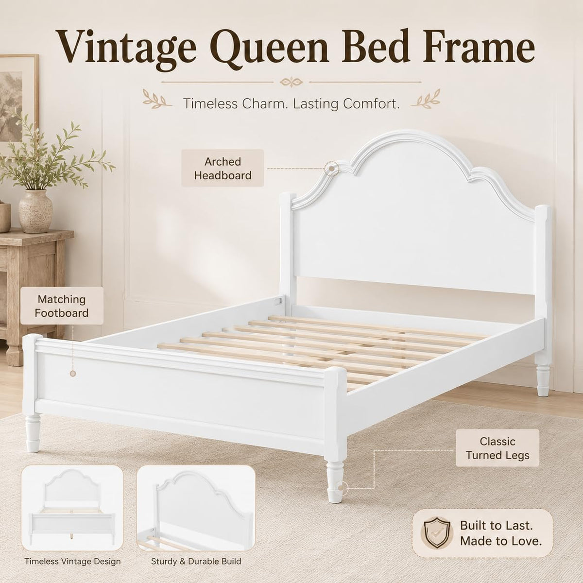 Vintage Bed Frame with Arched Headboard, White Wood Bedframe
