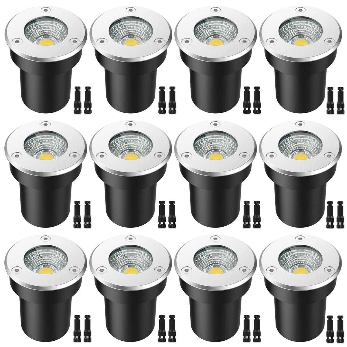 LED Landscape Lights, 12 Pack 7W Ground Lights With 24 Connectors, Low Voltage In-Ground Well Pathway Lighting, Warm