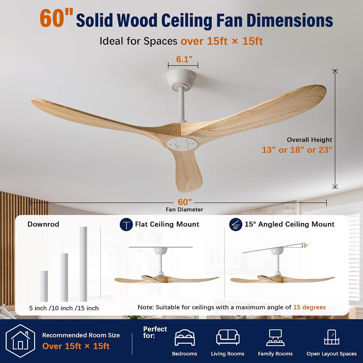 Inspired Maverick Style 60" Ceiling Fan No Light, 3 Solid Wood Blades, White Motor, Quiet Reversible DC Motor with Remote Control