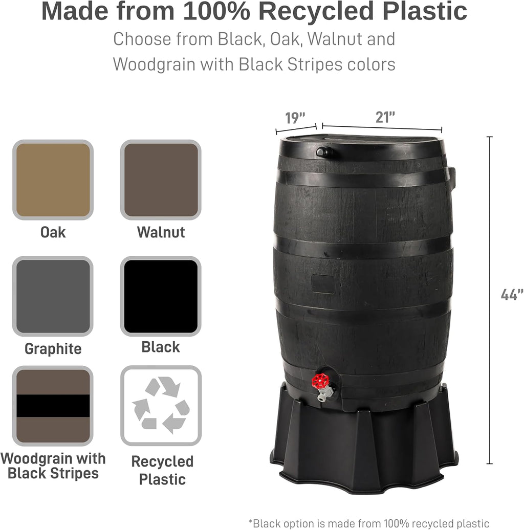 50-Gallon ECO Rain Barrel Made with 100% Recycled Plastic, Flat Back Rain Water Collection Barrel, Stand Included, Black